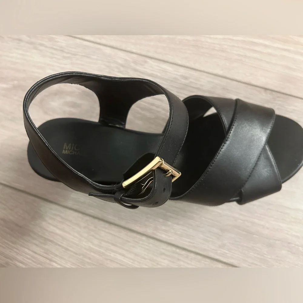 Michael Kors Black Leather Platform Wedge Sandals with Gold Buckle (Size 7)